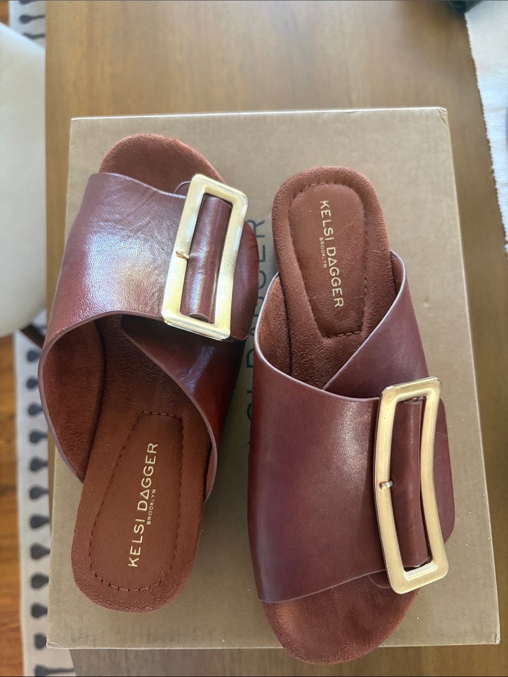 NWT | Kelsi Dagger Wine Leather Slide Mules with Gold Buckles